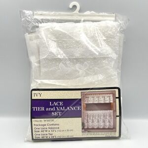 Vintage 1990s Ivy Floral Lace‎ Tier & Valance Set White 60" Kitchen Curtain NEW